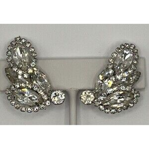 Weiss Vintage Navette and Round Clear Rhinestone Earrings Clip on